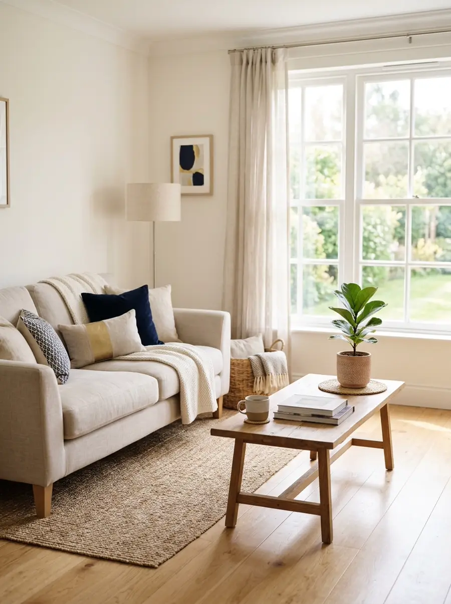 AI-generated design illustration of a bright, tidy living room